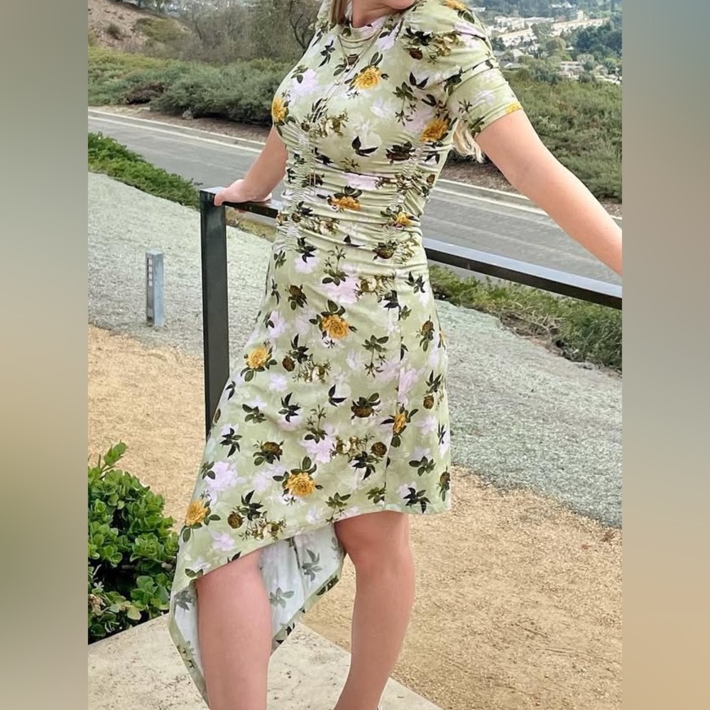 Topshop Floral Green Asymmetrical Dress